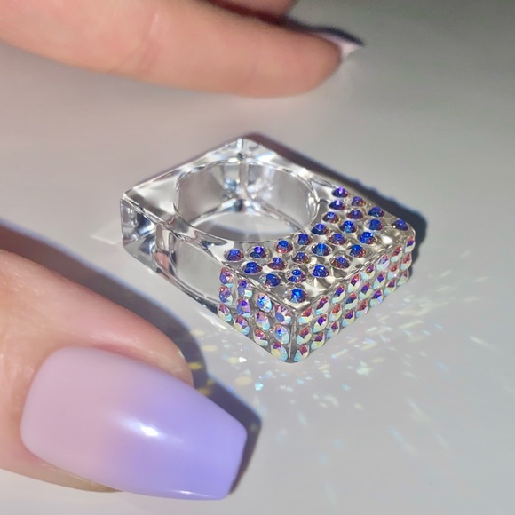 Acrylic Statement Ring• Iridescent Aurora Swarovski Crystals • Geometric Ring - Picture 4 of 15